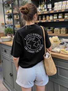Women's Summer New Letter Print Round Neck Short Sleeve T-Shirt, Casual Loose Versatile Top For Daily Wear - Black - View 8