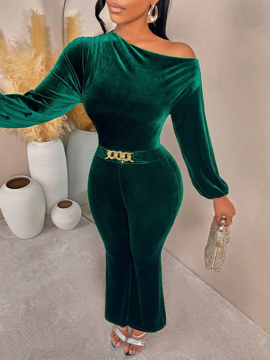 AIJ Salopetă Amarilo verde închis, cu mânecă lungă, talie încrețită, cataramă metalică, pantaloni evazați, din catifea, casual elegantă, potrivită pentru Crăciun, Anul Nou și toamna/iarna, ținute de primăvară - imagine 6