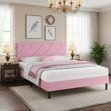 Upholstered Bed Frame With Headboard, Linen Fabric Platform Bed Frame With Adjustable Headboard, Modern Bed Frame With Wooden Slats Support, No Box Spring Needed, Easy Assembly, Pink, Twin/ Full/ Queen * Aesthetic Bedroom Furniture Instagrammable Bedroom Decor - 粉色 - 查看 9