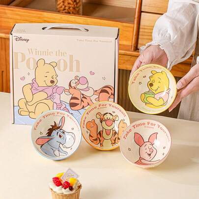  Juego de vajilla de 4 piezas con tazones de dibujos animados de Disney Winnie the Pooh, apto para microondas y lavavajillas, hecho de material
