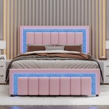 Bedroom Furniture, LED Bed Frame With Velvet Upholstered Headboard, Queen Bed Frame With Modern Diamond Headboard Adjustable, Bedroom Deccor, No Box Spring Needed, Easy Assembly, (USB LED Strip) - Pink - View 1