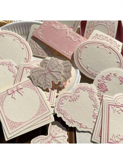 30 Sheets Of Retro Embossed Relief Printing Thickened Cowhide Specialty Paper Memo Pad With Floral Bow Detail Frame, Ins Style, Writable Note Card For Journal Decoration, Craft Paper Back To School