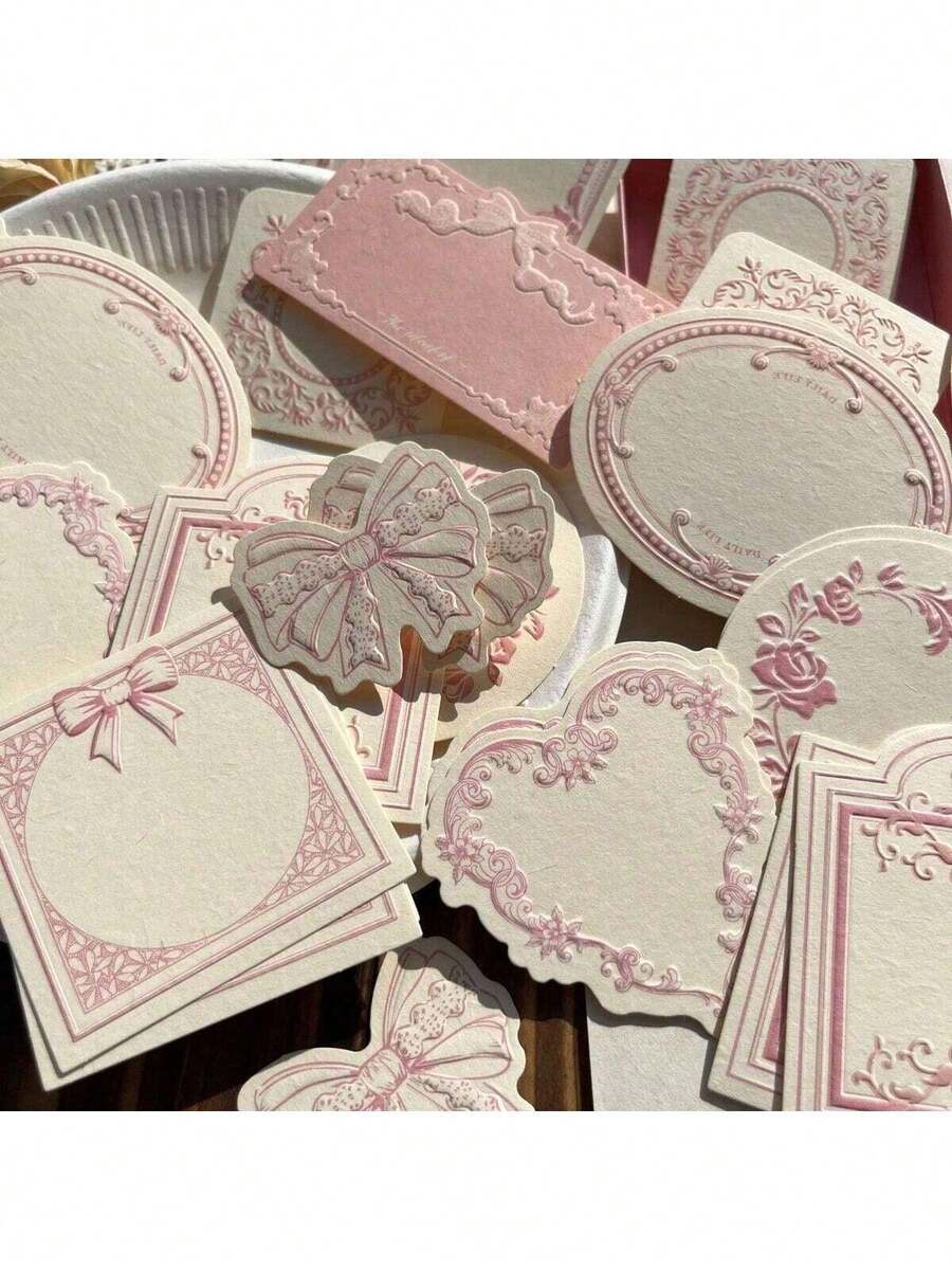 30 Sheets Of Retro Embossed Relief Printing Thickened Cowhide Specialty Paper Memo Pad With Floral Bow Detail Frame, Ins Style, Writable Note Card For Journal Decoration, Craft Paper Back To School - 粉紅色 - 查看 1