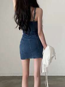 女士性感吊带紧身牛仔连衣裙（休闲款） - 藍色 - 查看 3