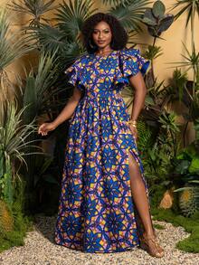 Faeriesty Đầm maxi cỡ lớn dành cho nữ in họa tiết châu Phi, đầm chữ A cổ tròn tay bồng thanh lịch với chi tiết khóa kéo, chất liệu vải dệt thời trang thích hợp cho kỳ nghỉ hè. - Màu xanh lam - Xem 5