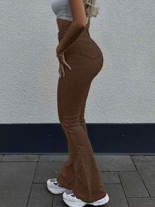 GILIPUR High-Waisted Flare Stretch Jeans, Brown Y2K Style Women's Pants, Elegant Casual Streetwear - Dark Khaki - View 12