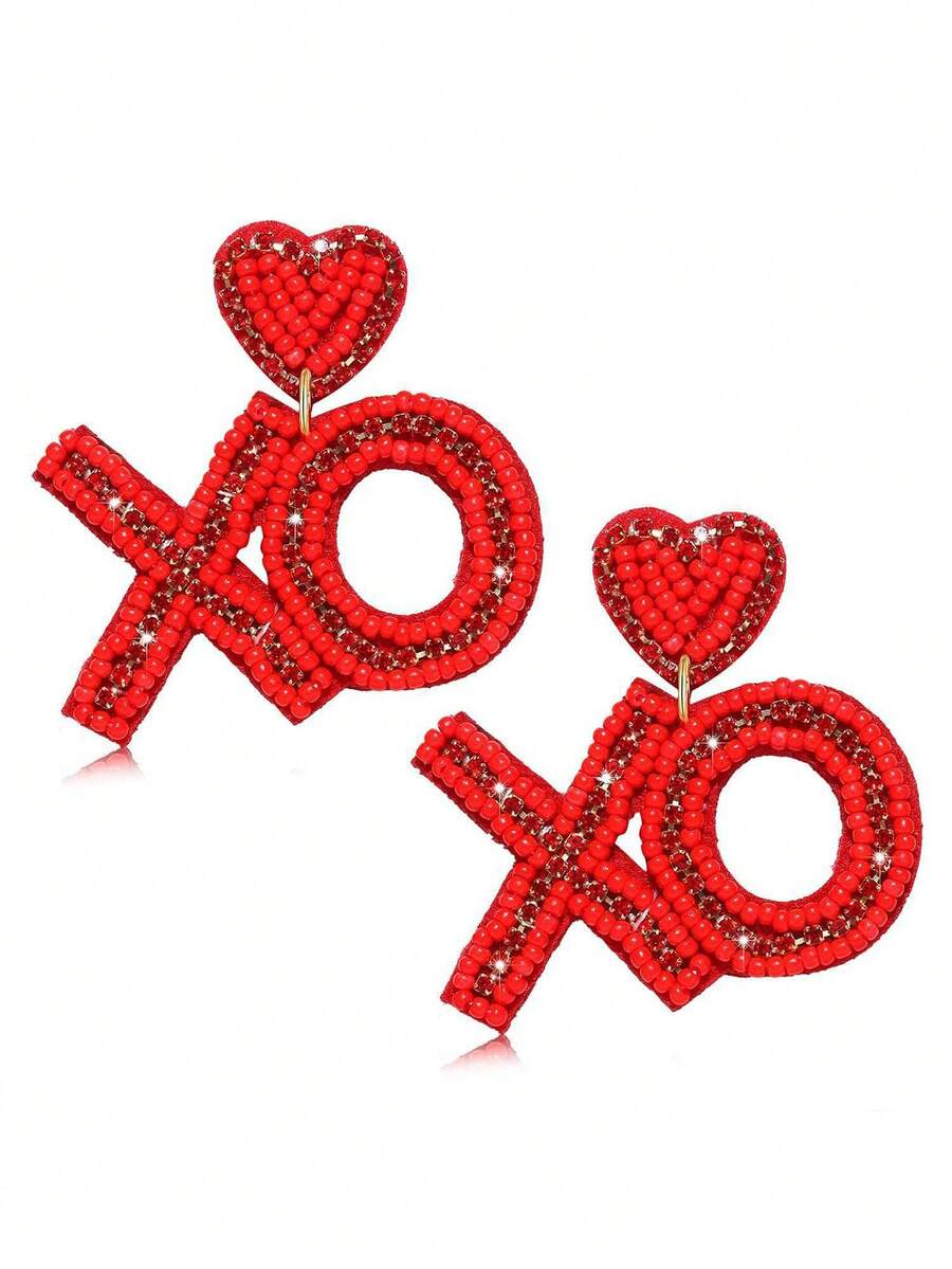 1对优雅奢华时尚DIY创意串珠XO和心形耳环，情人节 - 彩色 - 查看 1
