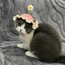 Knitted Pet Hat, Elegant Crochet Cat Hat With Rabbit Ear Ruffled Floral Decor, Suitable For Small/Medium Cats, Soft & Easy To Wear, Great For Birthday, Holiday, Travel, Photo Shoot, Adorable Pet Accessory - Multicolor - View 7