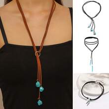 1PC Bohemian Vintage Turquoise Stone Pendant Necklace Women Fashion Long Sweater Chain Daily Wear Festival Gifts - Phong cách 2 - Xem 1