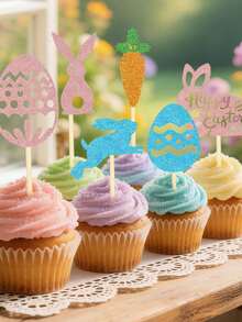 12/6pcs Easter Cake Toppers - Glitter Bunny, Carrot, Egg Cupcake Picks; Easter Cake Decorations, Easter Dessert Table Decor, Easter Home Baking DIY Decor, Easter Gifts Sweets Decor, Easter Atmosphere Decor Accessories, Easter Decorations, Suitable For Easter Party Decor Picks, Birthday Cake Decor Accessories, Spring Picnic Dessert Picks, Holiday Atmosphere Decor Props - Multicolor - View 6