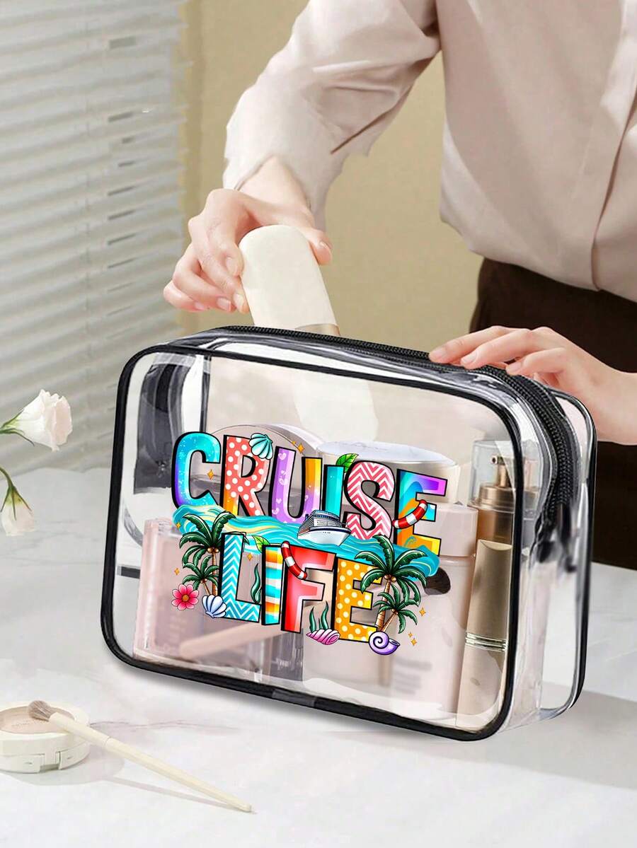 透明拉链旅行手提包 - 印有“cruise Life”字样，可作手提包、瑜伽包、时尚透明收纳袋、轻便拉链收纳包、针织爱好者专用小钱包、拉链旅行化妆包、男女通用透明化妆洗漱包，适用于健身房、机场、海滩、旅行、购物、日常通勤 - 便携式化妆包，方便识别，可收纳个人物品，休闲风格，拉链封口 - 彩色 - 查看 1