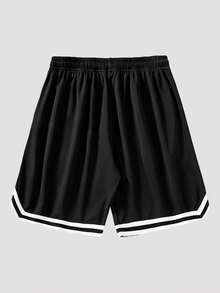 男士条纹饰边抽绳腰篮球短裤 - 黑色 - 查看 3