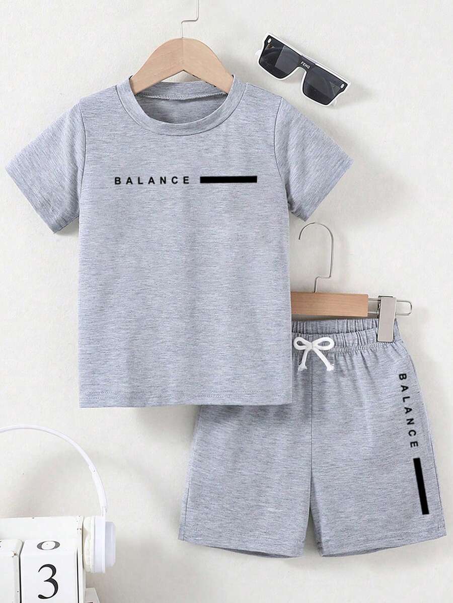 Tween Boy Letter Graphic Print Round Neck Short Sleeve T-Shirt And Shorts - Grey - View 1