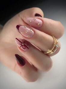 24pcs Medium Almond Shaped Full Cover False Nails - Vintage Elegant & Modern Minimalist, Classic New Year Burgundy With Romantic Valentine's Day Vibe, Decorated With Burgundy Satin Bow Tie, Starburst Pattern With Rhinestones, And Burgundy French Tips Nail Supplies - Burgundy - View 10