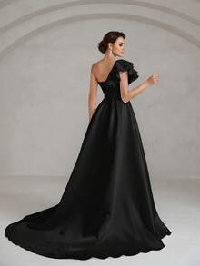 Faeriesty Vestido asimétrico de línea A con volantes de un solo hombro, diseño de abertura alta, tela de satén lujosa - Perfecto para ceremonias de boda, galas formales, sesiones de fotos nupciales, eventos de destino y recepciones elegantes. - Negro - Ver 2