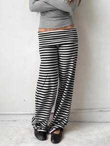 Women Low Waist Loose Fit Striped Folds Over Wide Leg Pants Lounge Home Sweatpants - 灰色 - 查看 2
