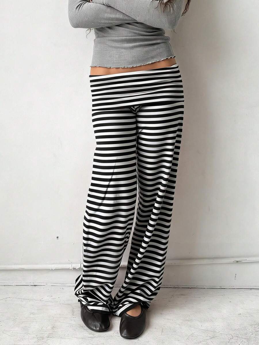 Women Low Waist Loose Fit Striped Folds Over Wide Leg Pants Lounge Home Sweatpants - Xám - Xem 1
