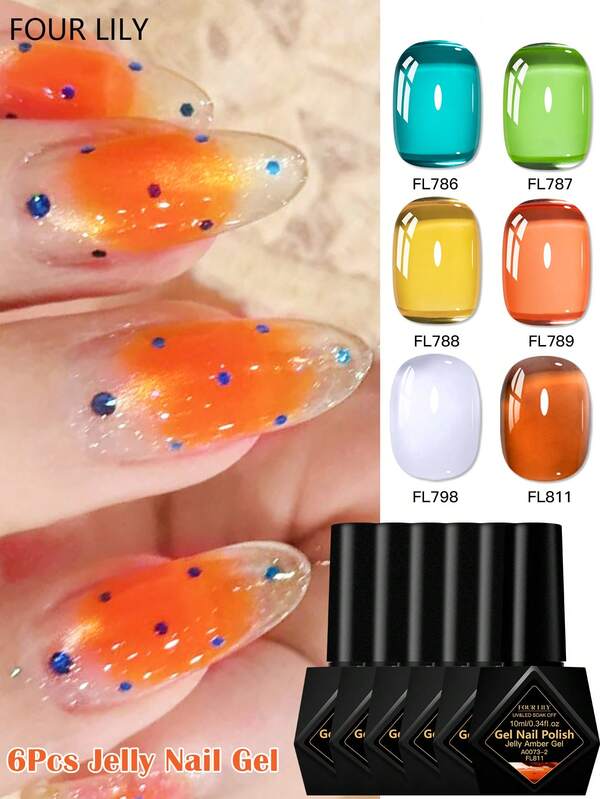  FOUR LILY 10ml 6色果冻指甲油套装，春夏流行UV LED凝胶美甲套装