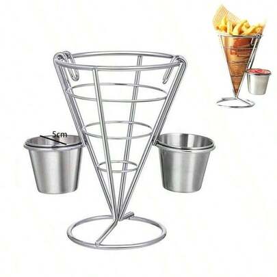 A Set Of American Creative French Fry Food Basket, Restaurant Wrought Iron Fried Chicken Mini Snack Basket, Western Restaurant French Fry Basket, Conical French Fry Basket With Sauce Cup, Metal Wire Design, Suitable For Kitchen, Restaurant Buffet, Picnic, Dinner Party And Family Gathering