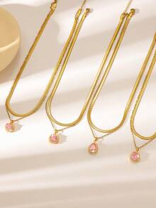 1pc Pink Elegant Heart-Shaped Water Drop Oval Copper Pendant Necklace, Stainless Steel Gold Double Layer Necklace, Sparkling Cubic Zirconia Decoration, Suitable For Girls And Women Daily Wear, Dating, Holiday, Valentine's Day Gift - Gold - View 3