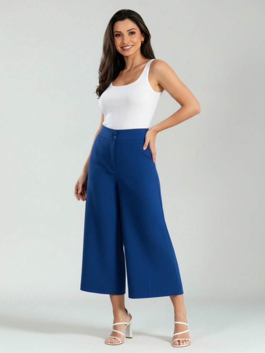 Women's Linen Capri Midi Pantacourt Trousers With Buttons, Wide Leg, Flare, High Waist, Casual Style - Xanh đậm - Xem 1