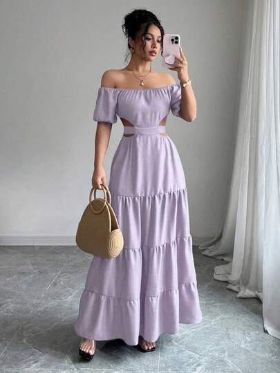 Vacation Style Denim Effect Off-Shoulder Backless Tie-Up Dress For Women, Summer Spring