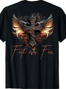 Camiseta Gráfica Negra para Hombre con Diseño de Cruz Ornamental| Presenta alas de águila en naranja intenso y texto cursivo 'Faith over Fear', diseño elegante de manga corta, cuello redondo, perfecto para salidas informales y uso diario, material cómodo. - Negro - Ver 1