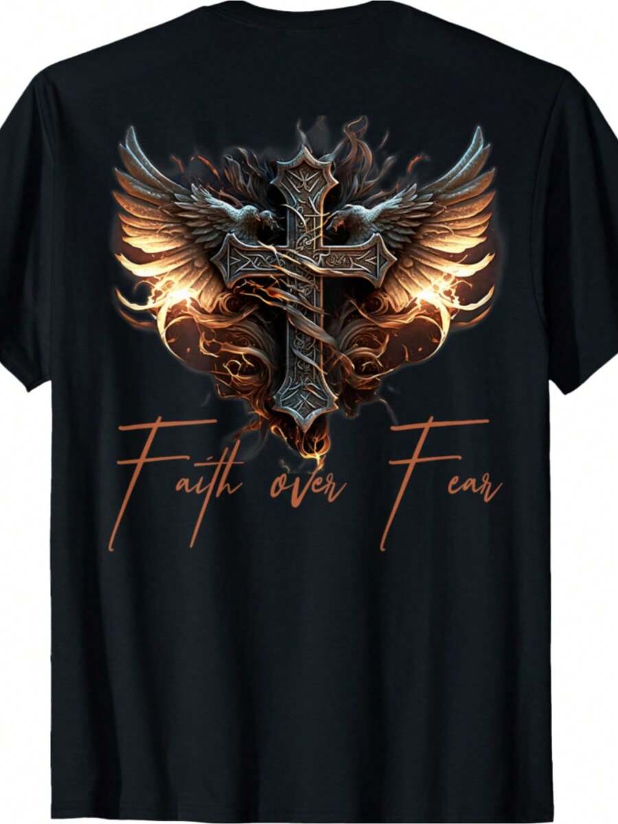 Camiseta Gráfica Negra para Hombre con Diseño de Cruz Ornamental| Presenta alas de águila en naranja intenso y texto cursivo 'Faith over Fear', diseño elegante de manga corta, cuello redondo, perfecto para salidas informales y uso diario, material cómodo. - Negro - Ver 1