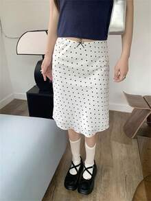 2026 Summer White Black Polka Dot Midi Skirt - Elegant Pure Yurty Sweet Casual Street High-Waist A-Line Flowy Hem Mini Bow Detail Ladies Skirt , Perfect For Valentine's Day/Women's Day/Mother's Day - Black and White - View 8