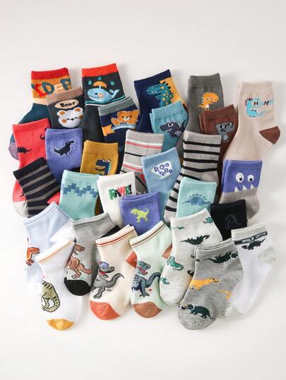 1/5/10/20 Pairs Kids Socks, Cartoon Dinosaur Pattern, Soft, Breathable, Fashionable Crew Socks, Suitable For Back To School, Holidays, Outdoor Sports, Travel, Daily Matching, Random Color