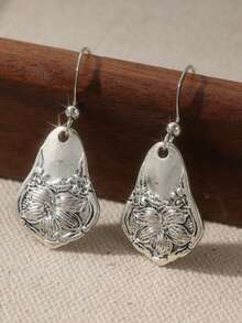 Vintage Floral Carved Asymmetrical Pendant Earrings, Handmade Accessories Suitable For Women's Parties And Gatherings, Women's Surprise Gift - Antique Silver - View 8