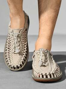 Handmade Woven Sandals, Unisex Summer Beach Shoes, Men & Women Outdoor Roman Amphibious Breathable Slip-On Slippers, Casual Driving, Hollow, Water-Wading, Hiking, Non-Slip, Travel, Stream Crossing Shoes - Beige - View 3