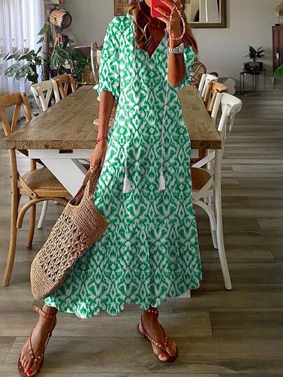 Jisfaneya Off-Center Print Bohemian-Style Woven Fabric Green Maxi Dress: Casual Spring/Summer Dress For Vacation And Everyday Wear Elegant
