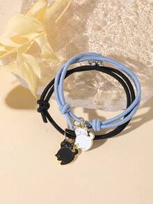 2条装时尚黑粉猫咪鱼骨磁性可爱友谊情侣手链 - 彩色 - 查看 11