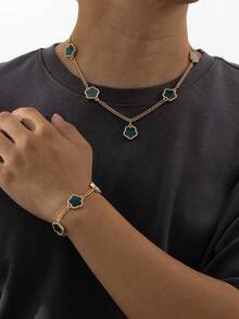 1 Set: 1 pieza Collar con colgante de trébol de diamantes de estilo de negocios de moda y 1 pieza Pulsera para hombre, regalo para novio/esposo - Verde - Ver 5