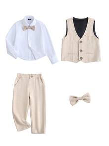 男童绅士风正装四件套 - 米色长袖衬衫、马甲、长裤、领结 | 男童西装套装、幼儿正装、花童服、婚礼派对、生日、返校、演出服 - 卡其色 - 查看 15