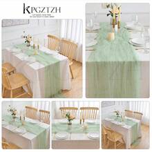 1pc Mint Green Table Runner | Pearl Tulle Handmade Fabric, Wrinkle-Resistant Polyester, Suitable For Valentine's Day, Weddings, Perfect For Table Decorations - Mint Green - View 6
