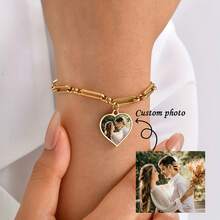 1PC Personalized Photo Custom Bracelet, Stainless Steel Heart-Shaped Bracelet, Round Custom Bracelet, Suitable For Both Men And Women, Valentine's Day, Custom Special Dates, Anniversary Gifts - Multicolored - View 2