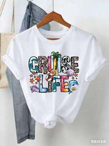 Women "Cruise Life" Summer Vibe Letter Print Short Sleeve Crew Neck T-Shirt-White And Navy Off-The-Shoulder Cropped Top Thanksgiving And Christmas - 亮白色 - 查看 3