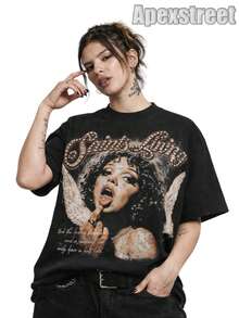 Saint Livin' Angelic Woman Tee, Emotional Graphic T-Shirt, High Quality Thick Heavyweight, New Autumn Fashion For Men, Premium Cotton Fabric, Suitable For Street Style, Machine Washable, Daily Gift - 黑色 - 查看 1