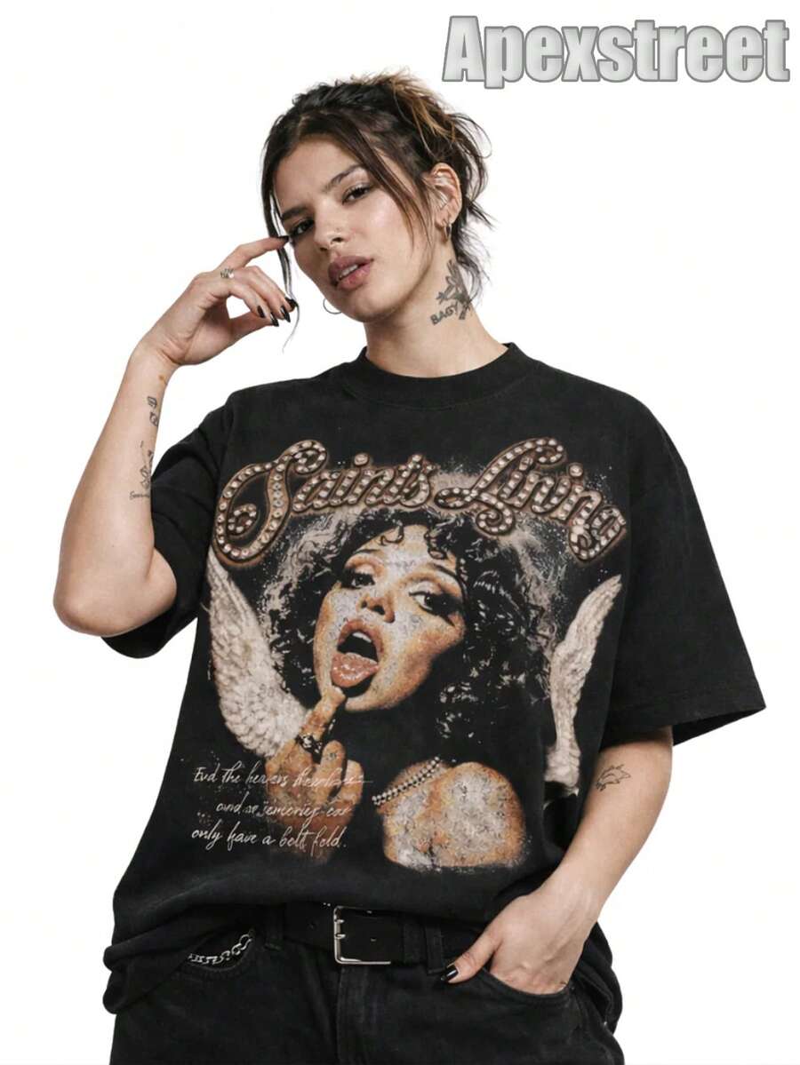 Saint Livin' Angelic Woman Tee, Emotional Graphic T-Shirt, High Quality Thick Heavyweight, New Autumn Fashion For Men, Premium Cotton Fabric, Suitable For Street Style, Machine Washable, Daily Gift - 黑色 - 查看 1