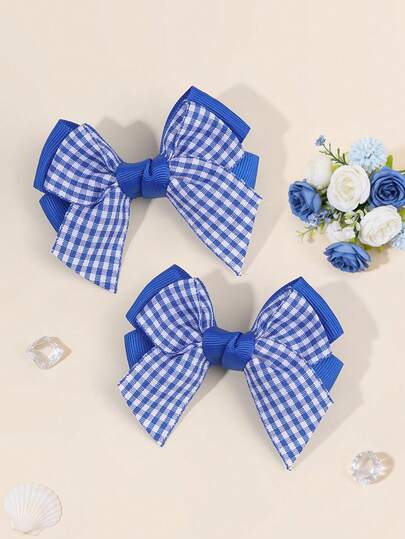 2pcs Blue White Plaid Hair Bows For Girls Checked Bow Alligator Clips Cute Sweet Daily Hair Clips Delicate Present Barrettes Fashiojn Vacation Hairpins Teens Hair Accessories