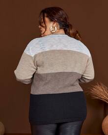 Plus Size Cardigan With Pocket, Wide Stripe Knit - 黑色和沙色 - 查看 3