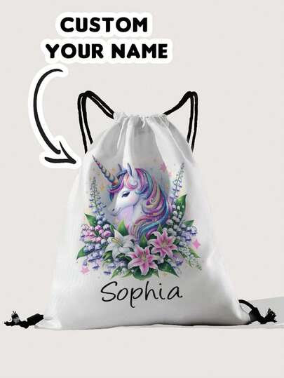 1pc Customized Cartoon Pony Name Drawstring Backpack, Can Be Customized According To Your Unique Design, Suitable For Children And Teenagers, Print Your Own Name Or Print Your Sister And Classmates' Names As Gifts