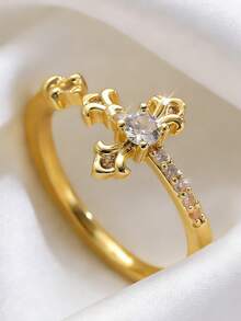 Women's Vintage Luxurious Copper Rhinestone Open Ring, Elegant Christian Cross Design, Suitable For Casual Daily Wear, Valentine's Day, Vacation, Holidays, Women's Gift, Best Gift For Female Friends - Multicolor - View 3