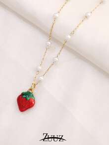 1pc Stainless Steel Strawberry Charm Pearl Chain Necklace For Women Choker Necklaces Female Jewelry Best Friends Gifts - necklace - View 4