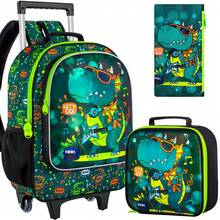 3件套儿童拉杆背包，男童拉杆书包，带午餐袋的学生拉杆背包 - 恐龙图案 - 拉桿背包 - 查看 9