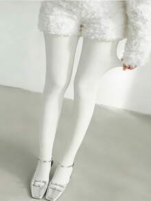 1 Pair Women's White Elastic Skinny Leggings, Fleece Lined, Suitable For Spring And Autumn - White - View 5