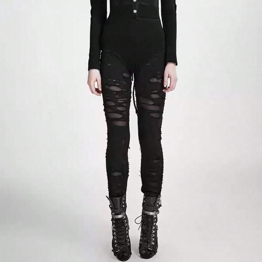 Distressed Gothic Punk Visual Leggings - Black - View 1
