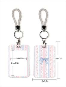 1pc Cute Lace Striped Bow Design ID Card Holder With Keychain Clip, Butterfly Phone Lanyard, Keychain Badge Rack - Rectangle - View 9